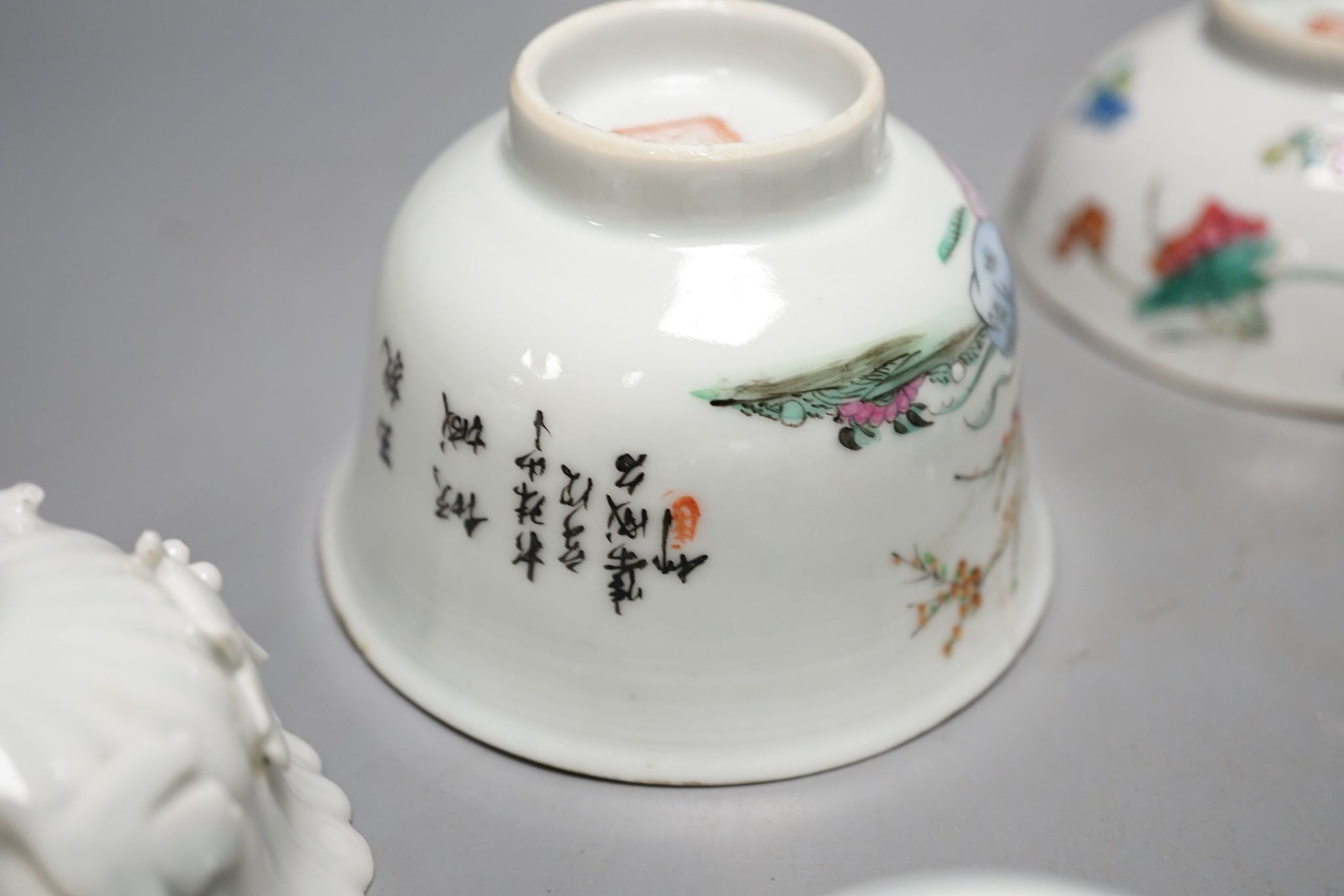 Nine Chinese porcelain tea bowls, tallest 6 cm.